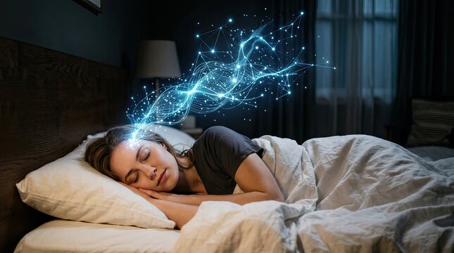 Woman Sleeping With Glowing Brain Activity and Cosmic Energy Above Head.