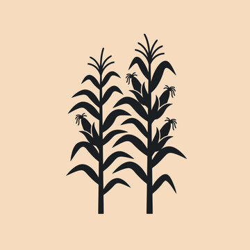 A simple black silhouette illustration of two tall corn stalks