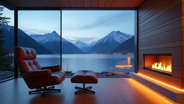 Cozy leather lounge set beside glowing fireplace, floor-to-ceiling windows overlooking lake and snow mountains at dusk.