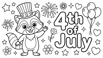 Naklejka premium Cute raccoon coloring page for fourth of july with fireworks stars balloons and independence day text