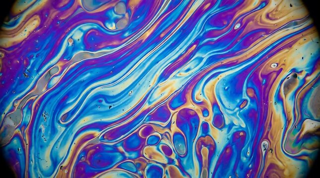 Abstract macro background of vibrant iridescent oily liquid textures swirling with rainbow colors
