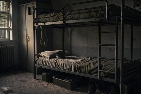 An abandoned military bunk bed with a single cap on the pillow.
