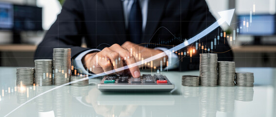 Businessman calculating financial growth with stacks of coins and upward trending graph overlay.