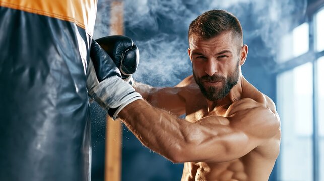 Boxer delivering powerful punch to heavy bag, dust particles flying, showcasing muscular physique and intense training