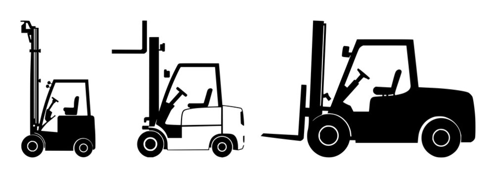 Forklift icon set with solid black silhouette on white background featuring forklift, warehouse, freight with iconography and transportation