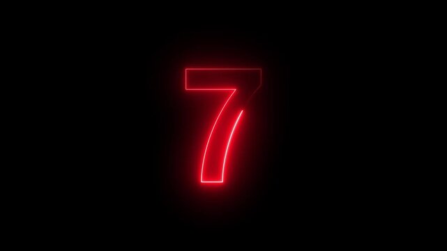 Abstract glowing neon text 07 number countdown icon. Glowing sign on black background Neon number 7 with alpha channel, simple red neon color. Seamless loop style animation.4k video.