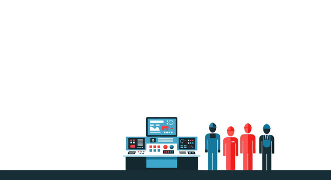 Industrial Control Room with Workers and Monitoring Station