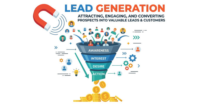 Lead generation funnel with magnet attracting people and coins vector silhouette isolated on white background