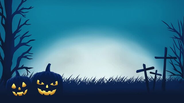 Animated of A spooky Halloween night scene featuring glowing jack-o'-lantern pumpkins in tall grass beneath a large full moon, silhouetted trees and crosses creating an eerie graveyard atmosphere.
