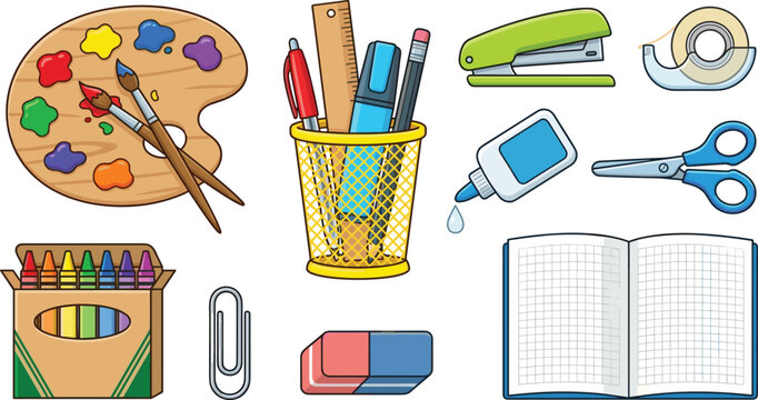 School Supplies and Art Crafts Vector Element Set Featuring Painting Palette Crayons Pencil Holder Open Notebook Stapler Scissors and Stationery Icons