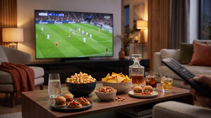 Fototapeta premium Cozy living room with football match on TV, remote control, popcorn, nachos, mini burgers and drinks on a wooden table, creating a warm home game night atmosphere