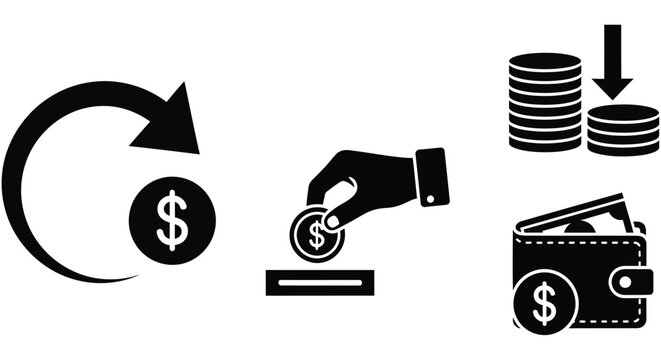 Financial transactions silhouette set including coin hand depositing stack and wallet