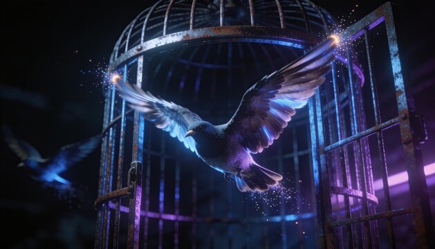 Black bird escaping from an open metal cage with glowing blue and purple light effects, surrounded by additional birds in flight against a dark background