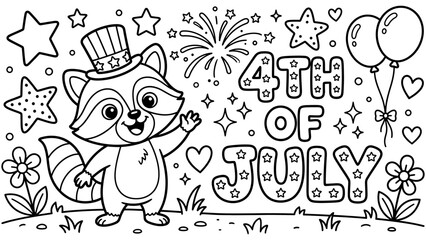Fototapeta premium 4th of July coloring page for kids featuring cute cartoon raccoon wearing patriotic top hat waving hand