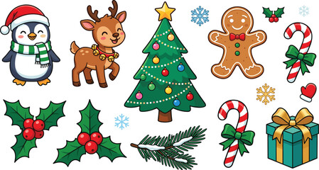 Naklejka premium Cute Christmas and Winter Holiday Character Vector Set Featuring Cartoon Penguin Reindeer Gingerbread Man Decorated Tree Candy Cane and Gift Box Icons