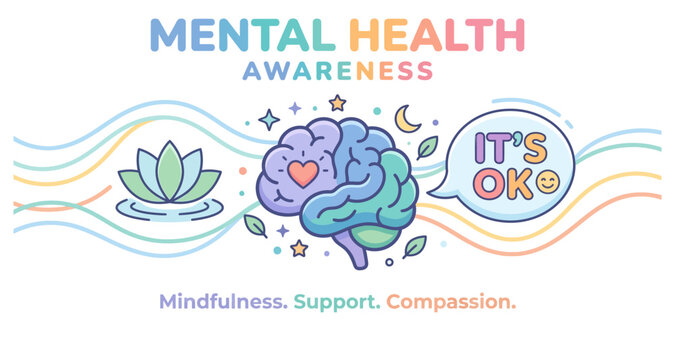 Mental health awareness with colorful brain and lotus flower during calm waves isolated on white background