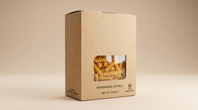 Eco-friendly cardboard pasta box packaging mockup with transparent window