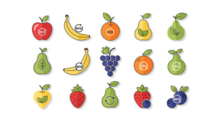 Fototapeta premium Healthy Eco Fruits Icons: Apple, Banana, Orange, Pear, Grapes, Strawberry, Blueberry - Vector Set