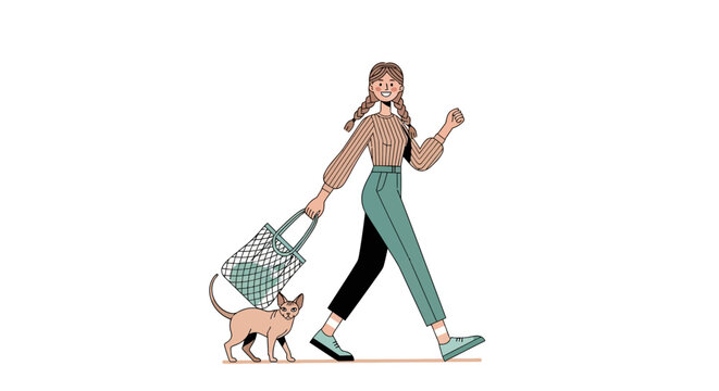 Woman walking dog and pulling shopping cart.
