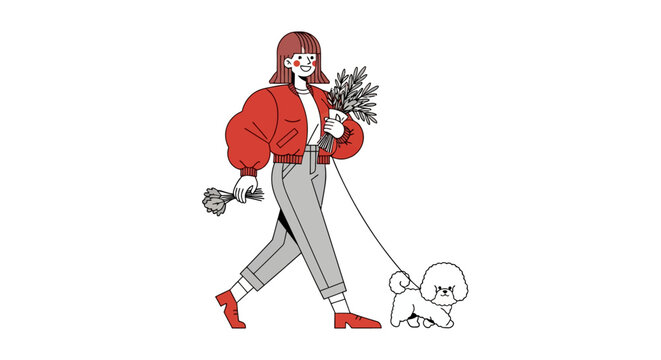 Woman in red jacket walking a white dog with flowers.