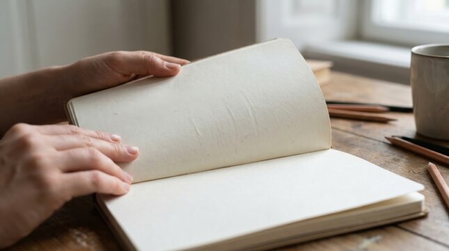 Close-up of hands opening a blank notebook on a rustic wooden desk with pencils and a cup