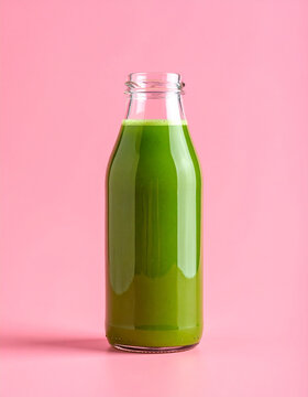 Glass bottle of fresh green juice, vibrant healthy beverage, pink background, tasty drink. Close-up.