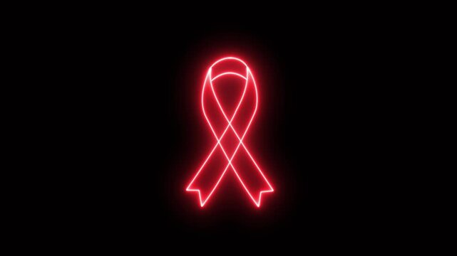 4K Red color neon mourning ribbon stock animation. Slow motion breast cancer awareness symbol on Black Background. Vibrant Fluorescent signal Animation with alpha channel.