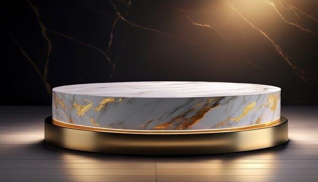 elegant marble display pedestal with golden veins and soft underglow lighting for product presentation