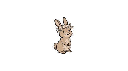 Naklejka premium Adorable Brown Bunny Rabbit Sitting Upright With A Cheerful Smile, Wearing A Delicate Crown Of Colorful Spring Flowers And Leaves Vector Illustration