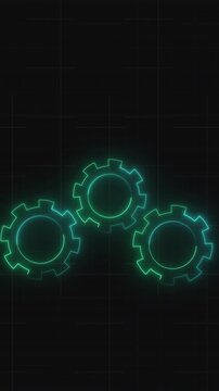 Three cyan neon gears glowing on dark grid surface. Futuristic automation system machinery cogs layout.