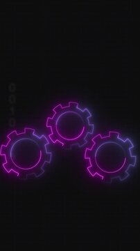 Neon purple and pink cogs interlocked on binary code data background. Creative programming computing texture visual.