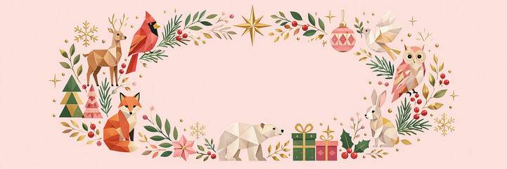 Fototapeta premium Geometric woodland animals with Christmas decorations and foliage arrangement