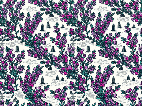 Hand‑Drawn Seamless Repeating Pattern Of Purple Heather Wildflowers With Green Foliage, Dark Rocks And Soft Gray Wave Accents Vector Illustration