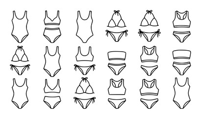 Fototapeta premium Swimsuit and Bikini Icons Monochrome Hand Drawn Beachwear Vector Set