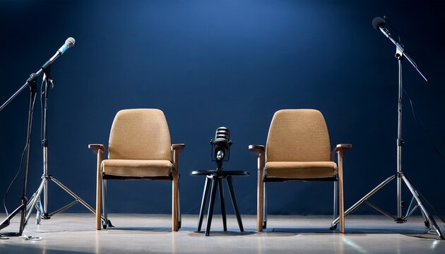 behind the scenes empty scene of two chairs and microphones stand in interview or podcast room isolated on dark navy background concept of silence after the hubbub intense preparation of the program