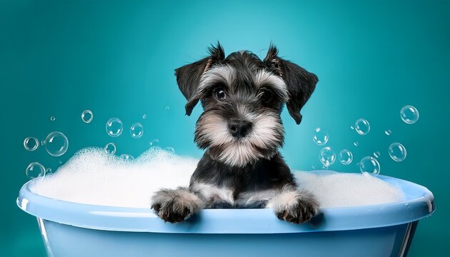 funny schnauzer puppy dog taking bath with shampoo and bubbles in bathtub banner for pet shop grooming salon copy space