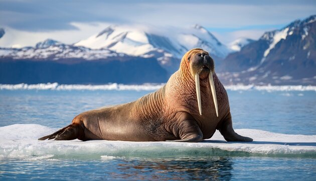 majestic walrus with long tusks resting on icy arctic shore with mountains background
