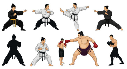 Martial arts fighters and karate masters in combat poses © fajri
