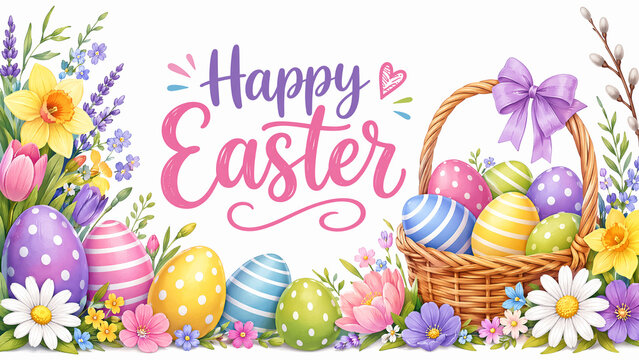Happy Easter greeting with decorated eggs, flowers and basket