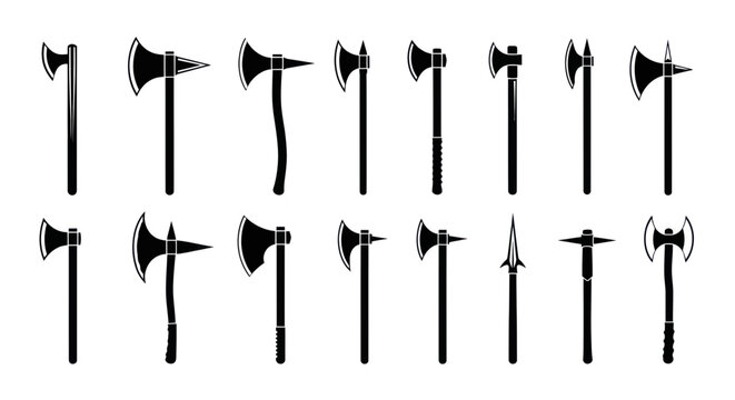 Ancient battle axe icons and medieval combat weapon silhouette set