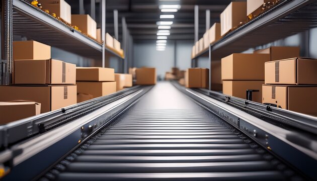 a detailed view of a modern automated packaging system with robotic arms efficiently moving cardboard boxes along a conveyor belt in a warehouse