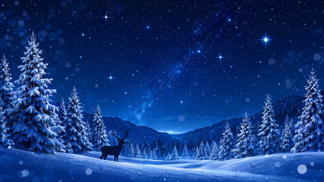 Winter snowy forest landscape with deer under starry night sky