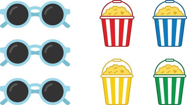 Colorful vector illustration of sunglasses and popcorn containers representing entertainment leisure and modern lifestyle concept
