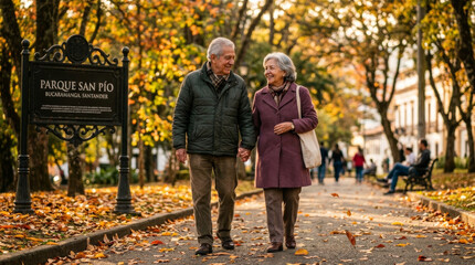 Obraz premium Elderly Couple Walking Together in Park