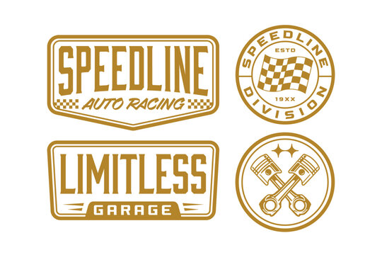 Streetwear auto racing logo and automotive badge with set y2k vector style featuring speedline auto racing, speedline division with checkered flag, limitless garage, and crossed engine pistons icon.