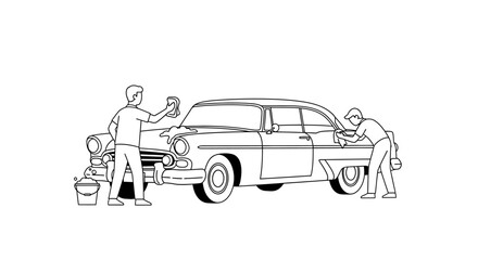 Naklejka premium Vintage Car Washing - Two Men Cleaning Retro Automobile