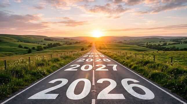 Road leading into the sunset with years 2026 to 2030 written