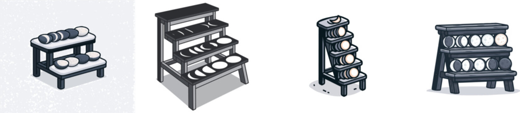 A minimalist wooden step stool with each step representing the phases of the moon, rendered in charcoal grey and soft glowing white, creates an elegant and scannable garment print against a solid