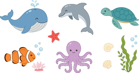 Fototapeta premium Cute Sea Animals Cartoon Vector Element Set Featuring Blue Whale Dolphin Sea Turtle Clownfish Purple Octopus Starfish and Marine Seaweed Icons