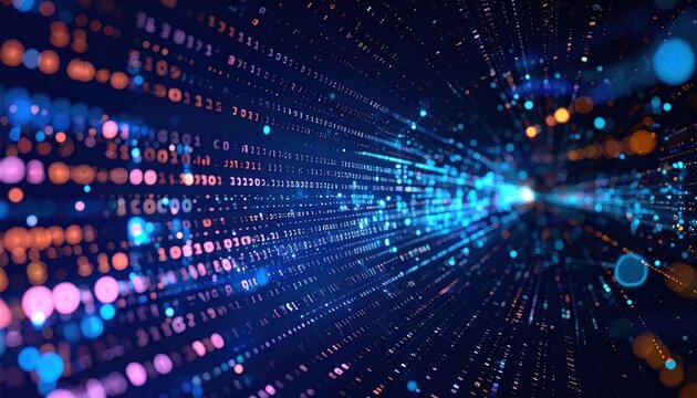 Glowing Digital Data Stream Flowing Through Abstract Technology Tunnel